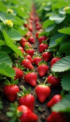 A bountiful strawberry patch overflowing with berries, flowers, greenery, harvest