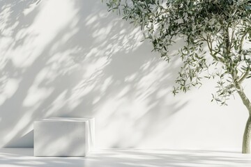 Wall Mural - White podium, olive tree shadow, minimal studio, product display