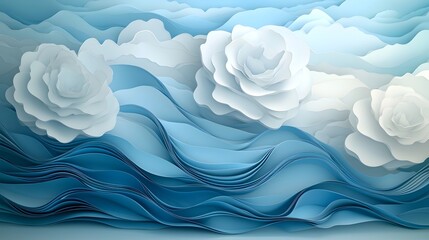 Poster - Elegant Overlapping Shapes in Luminous Blue and White Gradient Forming a Fluid 3D Abstract Structure