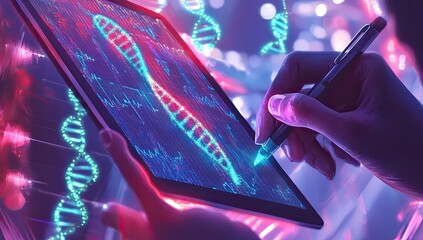 Poster - Hands drawing DNA on tablet, lab background