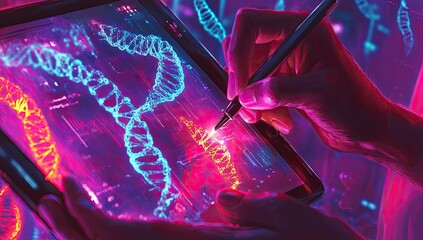 Poster - Hands Editing DNA on Tablet at Night