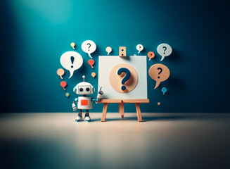 Wall Mural - robot stands beside easel with question mark art, surrounded by speech bubbles with question and exc