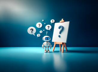 Wall Mural - a curious robot contemplates a question mark on an easel, surrounded by thought bubbles also showing