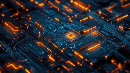 Aufkleber - High-tech circuit board, glowing orange components, close-up view, digital technology
