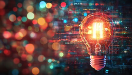 Illuminated lightbulb idea in digital background
