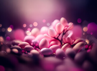 Wall Mural - dreamy, soft focus image of pink eggs and flower branch with purple and brown bokeh lights. sweet, e