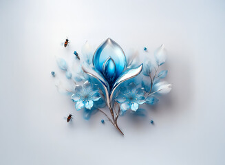 Poster - A delicate blue flower with silver outlines blooms against a soft white backdrop.  Small, insect-like details add a touch of whimsy to the elegant floral design.