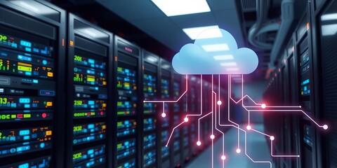 Poster - Embossed mesh with interconnected dots representing internet connections in cloud computing 3D image, infrastructure, global