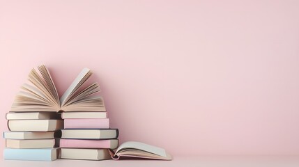 Aufkleber - Vibrant arrangement of stacked books with an open notebook on a soft pink background highlighting the importance of education creativity and the joy of reading and learning on World Book Day