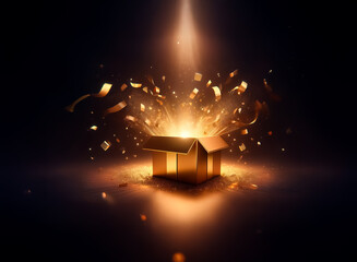 Poster - a golden box emits a bright light and golden confetti against a dark background, creating a magical 
