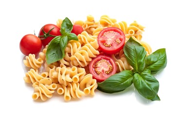 Wall Mural - Raw macaroni with tomato and basil isolated on white background