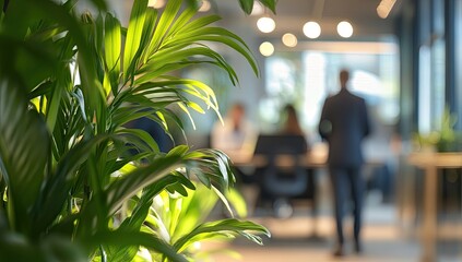 Poster - Lush plants in modern office, blurred people working