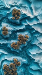 Wall Mural - Aerial view of vibrant turquoise waves mixed with organic textures. The elegant patterns create a serene atmosphere and invite contemplation. Generative AI.