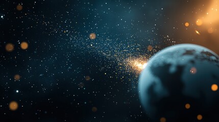 Poster - a satellite orbiting earth against a backdrop of stars, transmitting data and facilitating global co
