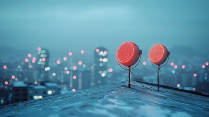 Poster - multiple satellite dishes on a rooftop, receiving and transmitting signals from space, highlighting 