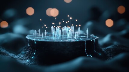 Poster - a futuristic city with holographic projections of people communicating remotely, showcasing the pote