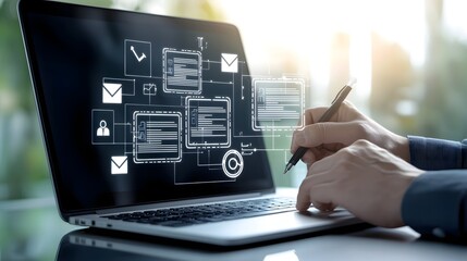 Poster - Futuristic digital assessment concept featuring a person interacting with a glowing virtual checklist on a laptop illuminated by soft natural light against a vibrant green background