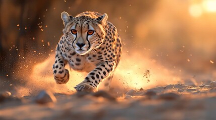 Poster - Cheetah sprinting sunset savanna dust wildlife