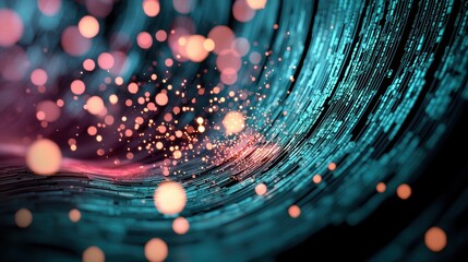 Poster - abstract visualization of data encryption, with data being scrambled and secured as it travels throu