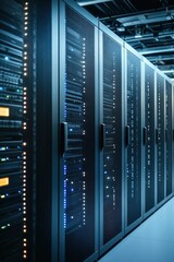 Poster - High-tech server room with illuminated racks in use