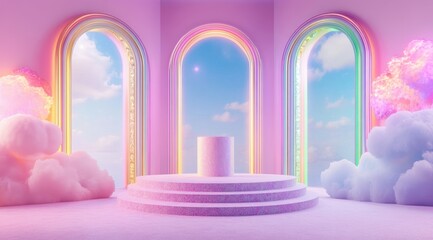 Poster - Enchanting rainbow archways fantasy scene digital art colorful cloud environment serene viewpoint dreamlike concept