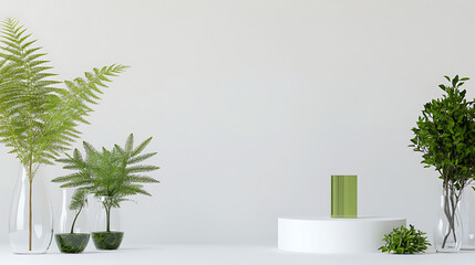 Wall Mural - The white spa background featured some glass vases containing some fresh plants such as tea trees green teas and ferns next to an empty white podium for presentation products.