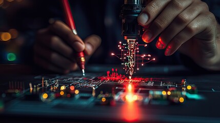 Designing the Future Close-up of Hands Working on Advanced Circuit Board with Holographic Projection