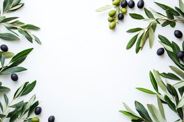 Wall Mural - Olive leaves and olives on a white background, a flat lay with space for text. Stock photo, contest winner, stock photography, high resolution, very detailed.