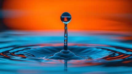 Fototapete - A water droplet falling, creating ripples with orange background, symbolizing purity and freshness