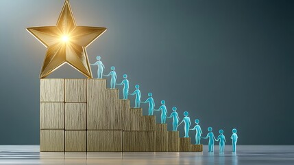Poster - Symbolic Visual of a Leadership and Success Journey Depicting Blue Figurines Climbing Wooden Blocks Toward a Glowing Star to Represent Themes of Teamwork Innovation and Self Improvement