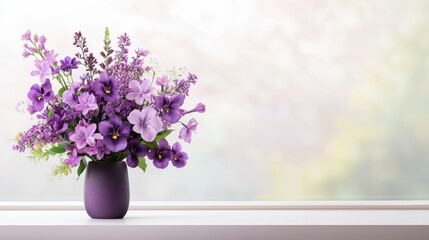 Poster - A bouquet of various purple flowers, including lilacs, irises, and violets, arranged artfully in a rustic vase and bathed in soft window light.