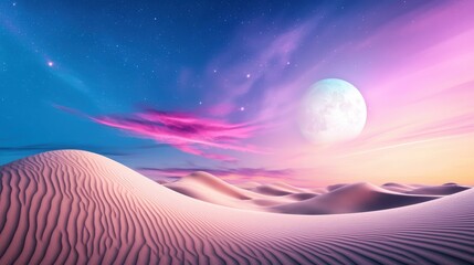 Poster - A panoramic view of a desert landscape under a vast, star filled sky with streaks of purple and pink from the setting sun.