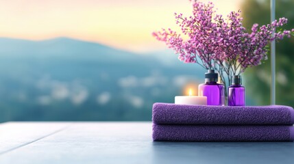 Poster - A spa setting with purple towels, candles, and essential oil diffusers, promoting tranquility and self care.