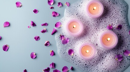 Poster - A bathtub filled with bubbles and surrounded by purple candles and flower petals, creating a luxurious and pampering spa experience.