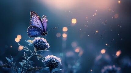 Poster - A fairy with iridescent purple wings, perched on a flower, bathed in soft, magical light, creating a whimsical and enchanting scene.