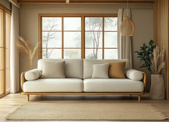 Aufkleber - Modern Living Room with Wooden Furniture and Natural Light