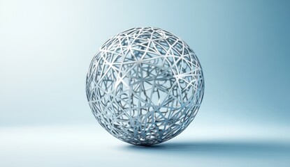 Poster - Abstract silver sphere with intricate wireframe design on light blue background.