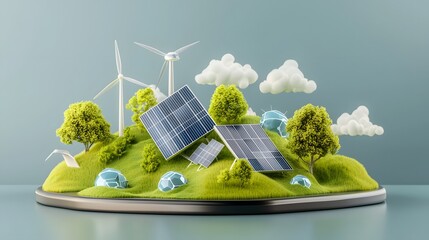 Leinwandbilder - Renewable and Sustainable Energy Concept Featuring Futuristic Green Technology with Solar Panels Wind Turbines and Eco Friendly Power Sources Glowing on a Digital Interface Representing Clean Energy