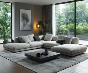 Aufkleber - Modern Living Room with Panoramic Window and Minimalist Decor
