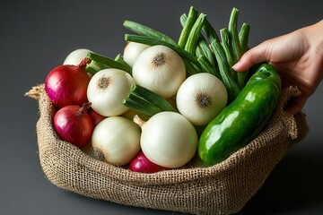 Wall Mural - Hand-picked organic onions, fresh from the farm. Fresh vegetables in a woven basket on a dark surface.