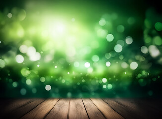 Wall Mural - a wooden surface is in the foreground, with a vibrant green bokeh background. blurred lights create 