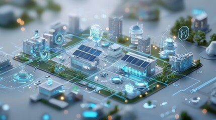 Poster - Futuristic city skyline with interconnected rooftop solar power grid smart homes and businesses utilizing renewable energy systems for clean power and sustainable energy network