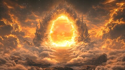 Poster - mystical archway leading to a stairway surrounded by glowing ethereal clouds in a dreamlike celestia