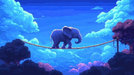 Poster - A video game-inspired pixelated elephant performing a balancing act on a tightrope in the clouds.