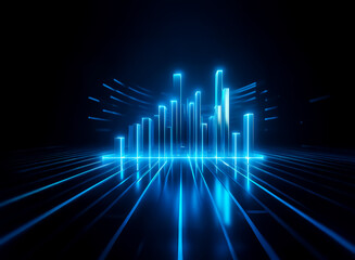 Poster - A futuristic abstract scene with glowing blue lines forming vertical bars and a grid on a dark surface, creating a sense of depth and modern technology in a digital style.