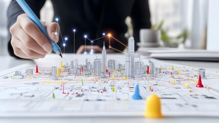 Poster - Futuristic high tech aerial map with color coded markers and a glowing pen creating sparks representing strategic business planning urban development and logistics tracking