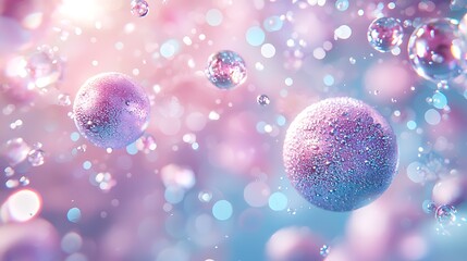 Poster - Abstract floating spheres with water drops and bokeh lights against a soft pink and blue background