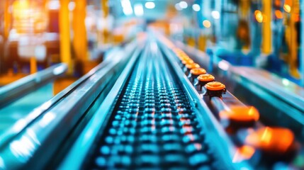 Poster - Conveyor Belt in Factory Setting with Industrial Equipment and Lights