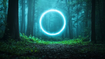 Wall Mural - Glowing circle in misty forest path