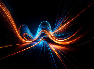 Fototapete - Abstract light streams of orange and blue hues intertwine and curve elegantly against a stark black backdrop.  Dynamic and modern, radiating vibrant energy.